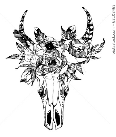 Cow, buffalo, bull skull in tribal style with flowers. Bohemian, boho vector illustration. Wild and free ethnic gypsy symbol. 62108465