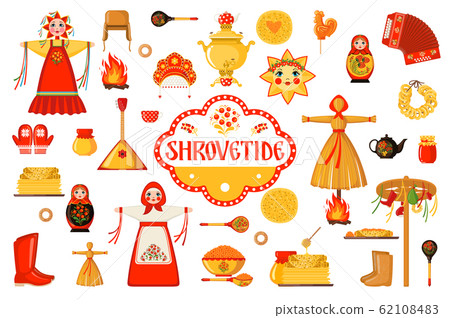 Vector Set of Maslenitsa icons in flat style isolated on white background. Vector Set of Maslenitsa icons in flat style isolated on white background. 62108483