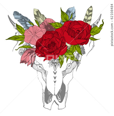 Cow, buffalo, bull skull in tribal style with flowers. Bohemian, boho vector illustration. Wild and free ethnic gypsy symbol. Cow, buffalo, bull skull in tribal style with flowers. Bohemian, boho vector illustration. Wild and free ethnic gypsy symbol. 62108484