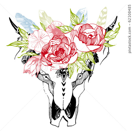 Cow, buffalo, bull skull in tribal style with flowers. Bohemian, boho vector illustration. Wild and free ethnic gypsy symbol. Cow, buffalo, bull skull in tribal style with flowers. Bohemian, boho vector illustration. Wild and free ethnic gypsy symbol. 62108485