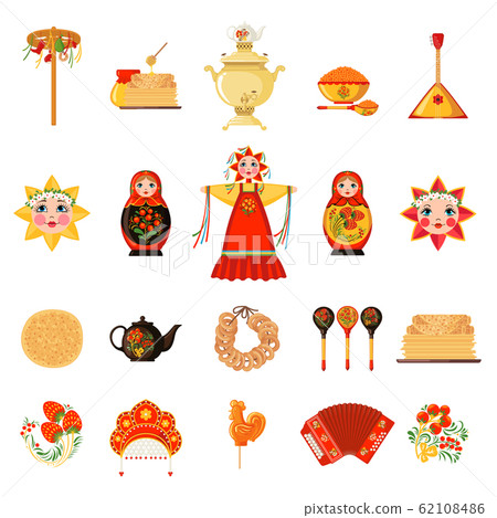 Vector Set of Maslenitsa icons in flat style isolated on white background. Vector Set of Maslenitsa icons in flat style isolated on white background. 62108486