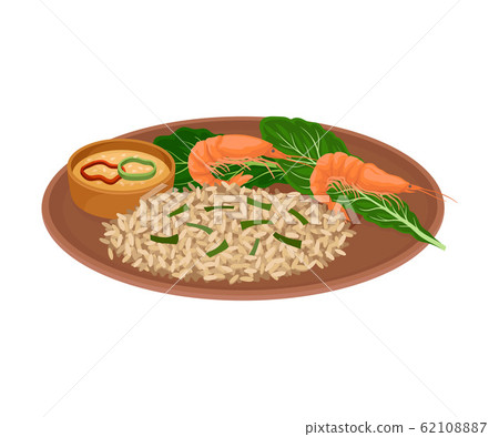 Appetizing Thai Food of Rice with Shrimps and Greenery Served on Ceramic Plate Side View Vector Illustration Appetizing Thai Food of Rice with Shrimps and Greenery Served on Ceramic Plate Side View Vector Illustration 62108887