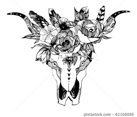 Cow, buffalo, bull skull in tribal style with flowers. Bohemian, boho vector illustration. Wild and free ethnic gypsy symbol. Cow, buffalo, bull skull in tribal style with flowers. Bohemian, boho vector illustration. Wild and free ethnic gypsy symbol. 62108888