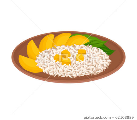 Appetizing Thai Food of Rice with Mango Slices Served on Ceramic Plate Side View Vector Illustration Appetizing Thai Food of Rice with Mango Slices Served on Ceramic Plate Side View Vector Illustration 62108889