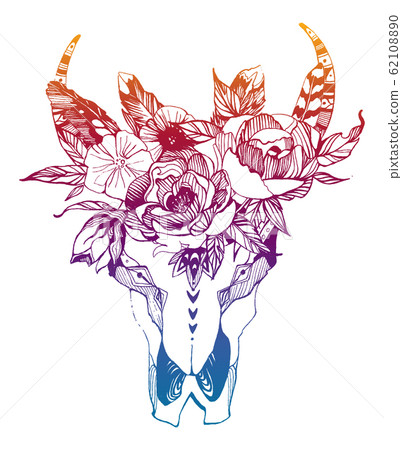 Cow, buffalo, bull skull in tribal style with flowers. Bohemian, boho vector illustration. Wild and free ethnic gypsy symbol. Cow, buffalo, bull skull in tribal style with flowers. Bohemian, boho vector illustration. Wild and free ethnic gypsy symbol. 62108890