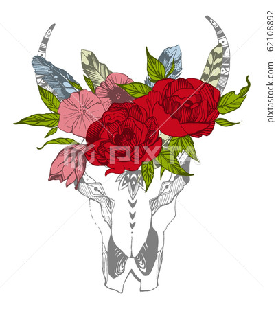 Cow, buffalo, bull skull in tribal style with flowers. Bohemian, boho vector illustration. Wild and free ethnic gypsy symbol. Cow, buffalo, bull skull in tribal style with flowers. Bohemian, boho vector illustration. Wild and free ethnic gypsy symbol. 62108892
