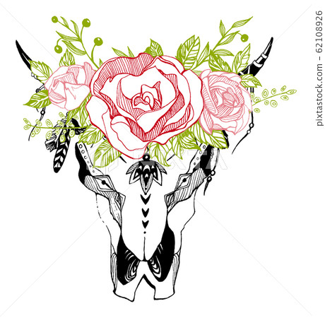 Cow, buffalo, bull skull in tribal style with flowers. Bohemian, boho vector illustration. Wild and free ethnic gypsy symbol. Cow, buffalo, bull skull in tribal style with flowers. Bohemian, boho vector illustration. Wild and free ethnic gypsy symbol. 62108926