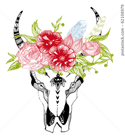 Cow, buffalo, bull skull in tribal style with flowers. Bohemian, boho vector illustration. Wild and free ethnic gypsy symbol. 62108979