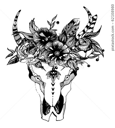Cow, buffalo, bull skull in tribal style with flowers. Bohemian, boho vector illustration. Wild and free ethnic gypsy symbol. 62108980