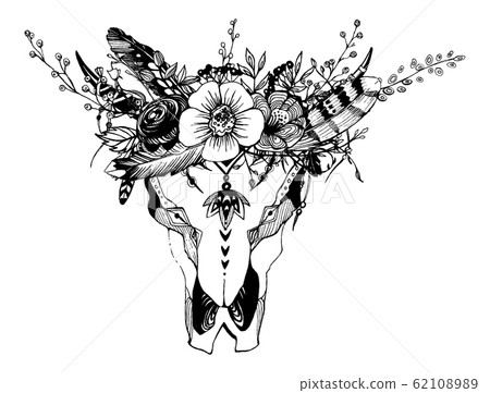Cow, buffalo, bull skull in tribal style with flowers. Bohemian, boho vector illustration. Wild and free ethnic gypsy symbol. Cow, buffalo, bull skull in tribal style with flowers. Bohemian, boho vector illustration. Wild and free ethnic gypsy symbol. 62108989
