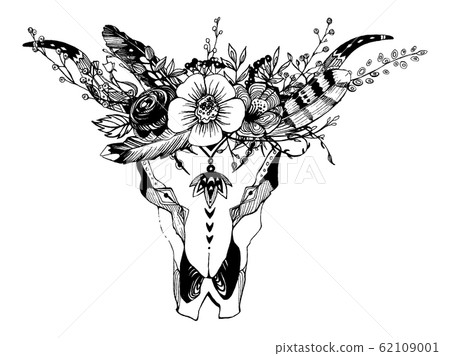 Cow, buffalo, bull skull in tribal style with flowers. Bohemian, boho vector illustration. Wild and free ethnic gypsy symbol. 62109001