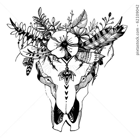 Cow, buffalo, bull skull in tribal style with flowers. Bohemian, boho vector illustration. Wild and free ethnic gypsy symbol. Cow, buffalo, bull skull in tribal style with flowers. Bohemian, boho vector illustration. Wild and free ethnic gypsy symbol. 62109042