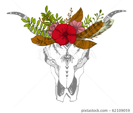 Cow, buffalo, bull skull in tribal style with flowers. Bohemian, boho vector illustration. Wild and free ethnic gypsy symbol. Cow, buffalo, bull skull in tribal style with flowers. Bohemian, boho vector illustration. Wild and free ethnic gypsy symbol. 62109059
