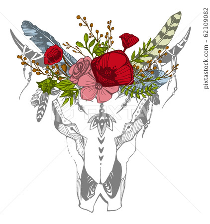 Cow, buffalo, bull skull in tribal style with flowers. Bohemian, boho vector illustration. Wild and free ethnic gypsy symbol. Cow, buffalo, bull skull in tribal style with flowers. Bohemian, boho vector illustration. Wild and free ethnic gypsy symbol. 62109082