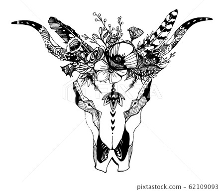 Cow, buffalo, bull skull in tribal style with flowers. Bohemian, boho vector illustration. Wild and free ethnic gypsy symbol. Cow, buffalo, bull skull in tribal style with flowers. Bohemian, boho vector illustration. Wild and free ethnic gypsy symbol. 62109093