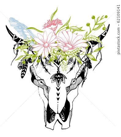 Cow, buffalo, bull skull in tribal style with flowers. Bohemian, boho vector illustration. Wild and free ethnic gypsy symbol. Cow, buffalo, bull skull in tribal style with flowers. Bohemian, boho vector illustration. Wild and free ethnic gypsy symbol. 62109141