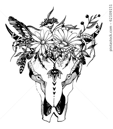Cow, buffalo, bull skull in tribal style with flowers. Bohemian, boho vector illustration. Wild and free ethnic gypsy symbol. Cow, buffalo, bull skull in tribal style with flowers. Bohemian, boho vector illustration. Wild and free ethnic gypsy symbol. 62109151
