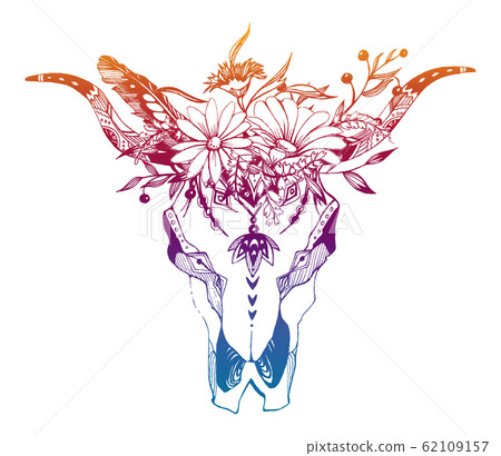 Cow, buffalo, bull skull in tribal style with flowers. Bohemian, boho vector illustration. Wild and free ethnic gypsy symbol. Cow, buffalo, bull skull in tribal style with flowers. Bohemian, boho vector illustration. Wild and free ethnic gypsy symbol. 62109157