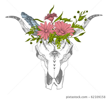 Cow, buffalo, bull skull in tribal style with flowers. Bohemian, boho vector illustration. Wild and free ethnic gypsy symbol. Cow, buffalo, bull skull in tribal style with flowers. Bohemian, boho vector illustration. Wild and free ethnic gypsy symbol. 62109158