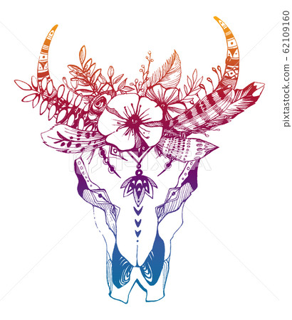 Cow, buffalo, bull skull in tribal style with flowers. Bohemian, boho vector illustration. Wild and free ethnic gypsy symbol. Cow, buffalo, bull skull in tribal style with flowers. Bohemian, boho vector illustration. Wild and free ethnic gypsy symbol. 62109160