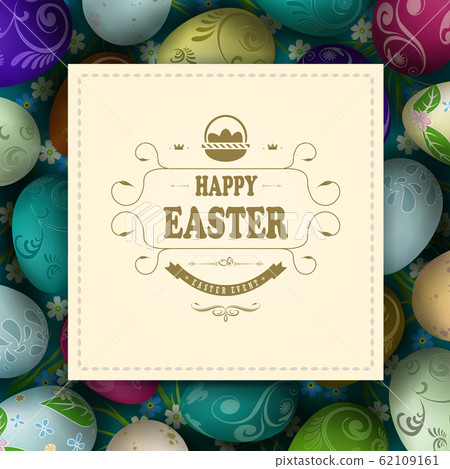 Easter composition with a square frame with interwoven braid, a set of wonderful Easter eggs of various patterns 62109161