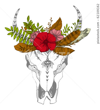 Cow, buffalo, bull skull in tribal style with flowers. Bohemian, boho vector illustration. Wild and free ethnic gypsy symbol. Cow, buffalo, bull skull in tribal style with flowers. Bohemian, boho vector illustration. Wild and free ethnic gypsy symbol. 62109162