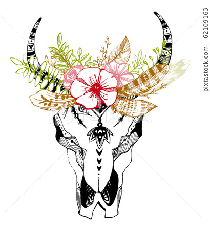 Cow, buffalo, bull skull in tribal style with flowers. Bohemian, boho vector illustration. Wild and free ethnic gypsy symbol. Cow, buffalo, bull skull in tribal style with flowers. Bohemian, boho vector illustration. Wild and free ethnic gypsy symbol. 62109163