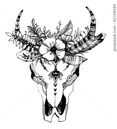 Cow, buffalo, bull skull in tribal style with flowers. Bohemian, boho vector illustration. Wild and free ethnic gypsy symbol. Cow, buffalo, bull skull in tribal style with flowers. Bohemian, boho vector illustration. Wild and free ethnic gypsy symbol. 62109164