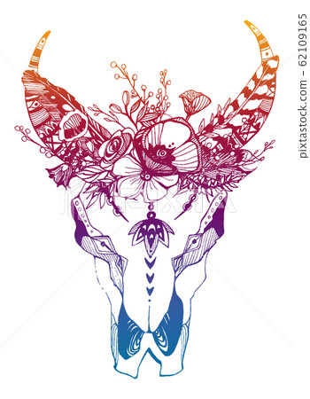 Cow, buffalo, bull skull in tribal style with flowers. Bohemian, boho vector illustration. Wild and free ethnic gypsy symbol. Cow, buffalo, bull skull in tribal style with flowers. Bohemian, boho vector illustration. Wild and free ethnic gypsy symbol. 62109165