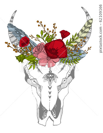 Cow, buffalo, bull skull in tribal style with flowers. Bohemian, boho vector illustration. Wild and free ethnic gypsy symbol. Cow, buffalo, bull skull in tribal style with flowers. Bohemian, boho vector illustration. Wild and free ethnic gypsy symbol. 62109166