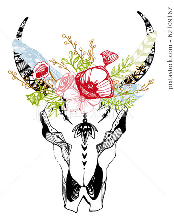 Cow, buffalo, bull skull in tribal style with flowers. Bohemian, boho vector illustration. Wild and free ethnic gypsy symbol. 62109167