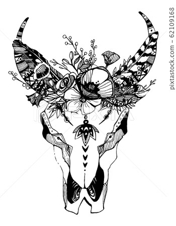 Cow, buffalo, bull skull in tribal style with flowers. Bohemian, boho vector illustration. Wild and free ethnic gypsy symbol. Cow, buffalo, bull skull in tribal style with flowers. Bohemian, boho vector illustration. Wild and free ethnic gypsy symbol. 62109168