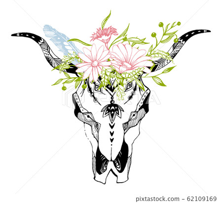Cow, buffalo, bull skull in tribal style with flowers. Bohemian, boho vector illustration. Wild and free ethnic gypsy symbol. Cow, buffalo, bull skull in tribal style with flowers. Bohemian, boho vector illustration. Wild and free ethnic gypsy symbol. 62109169