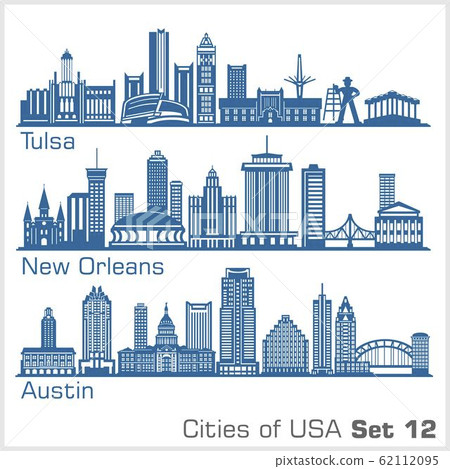 Cities of USA - Tulsa, New Orleans, Austin. Detailed architecture. Trendy vector illustration. 62112095