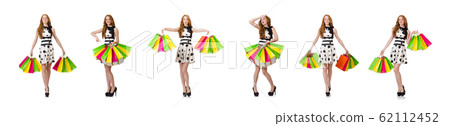 Young woman with shopping bags on white Young woman with shopping bags on white 62112452