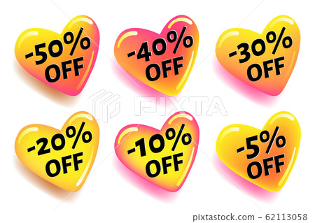 Glossy heart shaped discount stickers for design of advertising banners for web pages and prints, vector stickers with shadow isolated on white background. Glossy heart shaped discount stickers for design of advertising banners for web pages and prints, vector stickers with shadow isolated on white background. 62113058