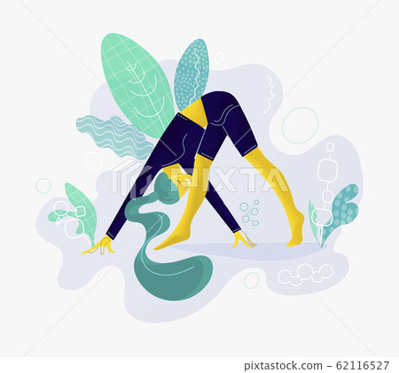 Young woman sitting in yoga posture and meditating. Girl performing aerobics exercise and morning meditation at home. Physical and spiritual practice. Vector illustration in flat cartoon style. Young woman sitting in yoga posture and meditating. Girl performing aerobics exercise and morning meditation at home. Physical and spiritual practice. Vector illustration in flat cartoon style. 62116527