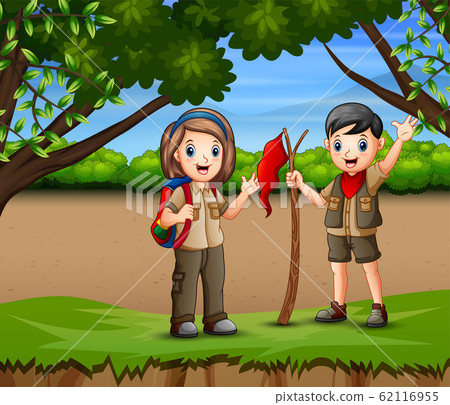 A boy and girl scout hiking in forest - Stock Illustration [62116955 ...