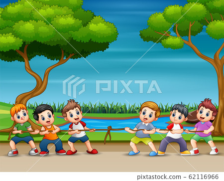 Cartoon childrens playing tug of war in the park 62116966