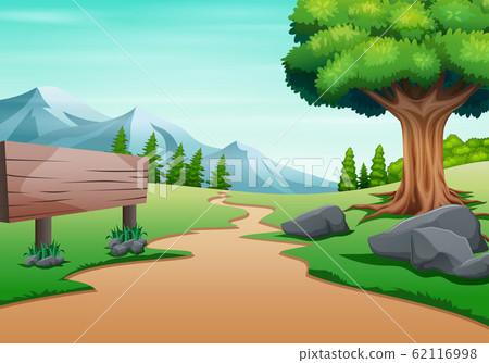 A trail to the mountain with empty road sign 62116998