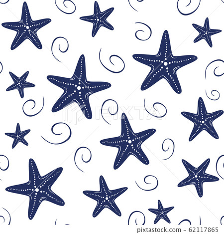 Seamless vector sea pattern with hand drawn sea stars, wave, drops in navy colors on white background Seamless vector sea pattern with hand drawn sea stars, wave, drops in navy colors on white background 62117865