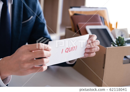 Businessman holding with I quit words card letter, Businessman holding with I quit words card letter, 62118041