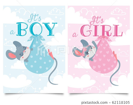 Set of baby shower invitation card babies boy and girl. Baby frame with boy/ girl and stickers on striped background. It's a boy. It's a girl. Stock  Vector