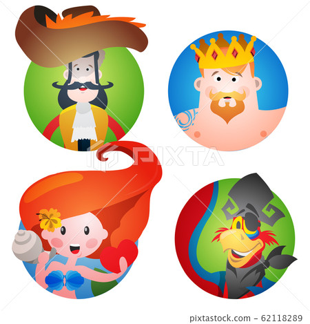 Set of four round of avatars with a picture of pirates. Captain, Neptune, Mermaid and a parrot. Cartoon illustration for gaming mobile applications and for design t-shirts and other items Set of four round of avatars with a picture of pirates. Captain, Neptune, Mermaid and a parrot. Cartoon illustration for gaming mobile applications and for design t-shirts and other items 62118289