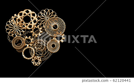 3d render golden heart made of gears and small spare parts on black background wirh copyspace 3d render golden heart made of gears and small spare parts on black background wirh copyspace 62120441