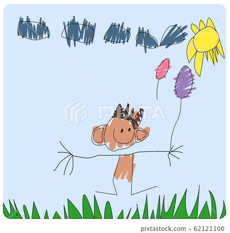 Child's drawing of a boy who holds balloons 62121100
