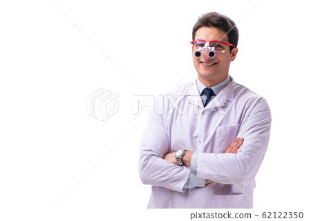 Young male doctor with magnifying glasses isolated on white 62122350