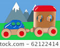 Children's car with a trailer and passengers. Weekend trip to the mountains in the countryside, travel, vector 62122414