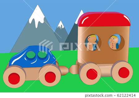 Children's car with a trailer and passengers. Weekend trip to the mountains in the countryside, travel, vector 62122414