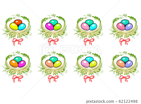 Colorful Easter Eggs In The Nest With Red Bow. Colorful Easter Eggs In The Nest With Red Bow. 62122498